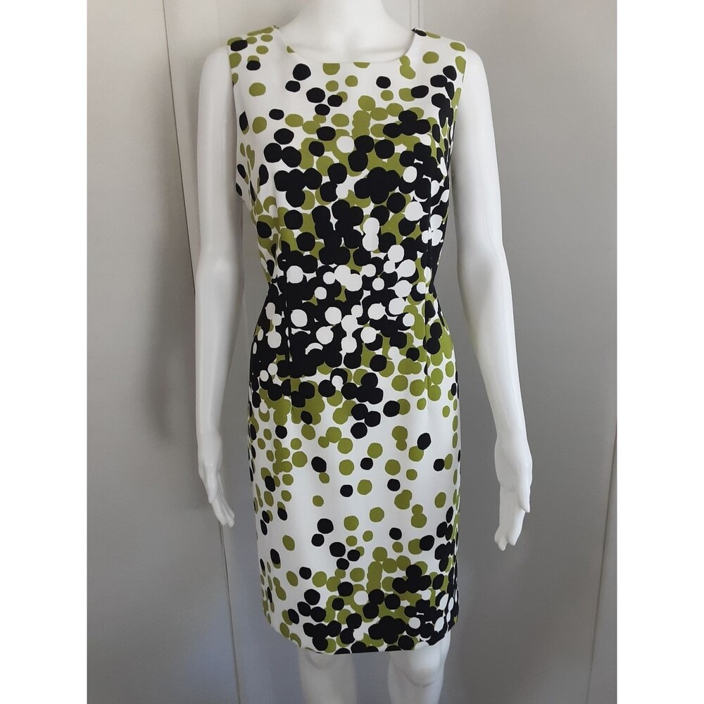 RONNIE NICOLE White Black | Green Polka-Dot Spring Sheath Dress Sz 12